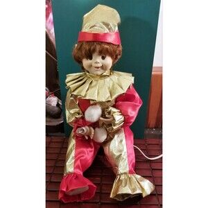 Vintage Animated Christmas Elf In Clown Suit With Light Up Candle 16.5" Tall